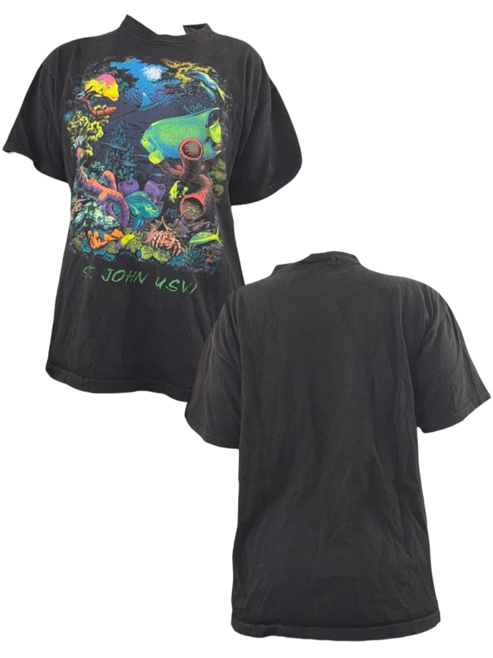 Vintage St. John USVI Black Short Sleeve Tee with Neon Ocean Graphic